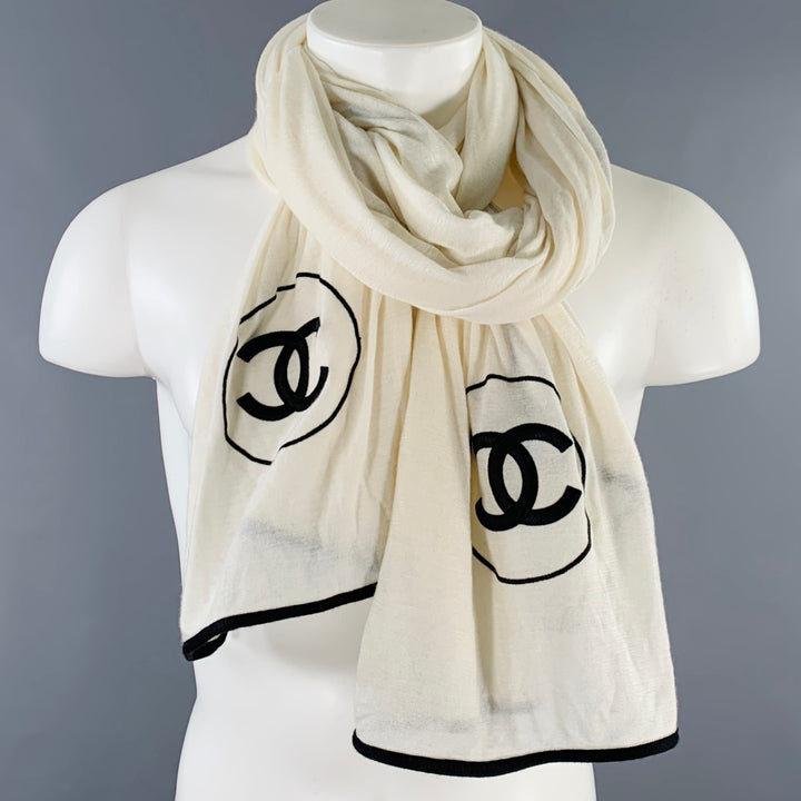 CHANEL Cream Black CC Monogram Cashmere Silk Scarf