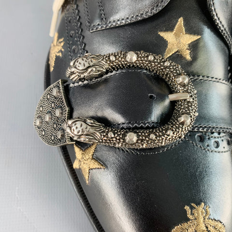 GUCCI Size 8.5 Dionysus Black Silver Gold Bee Stars Embroidery Buckle Boots