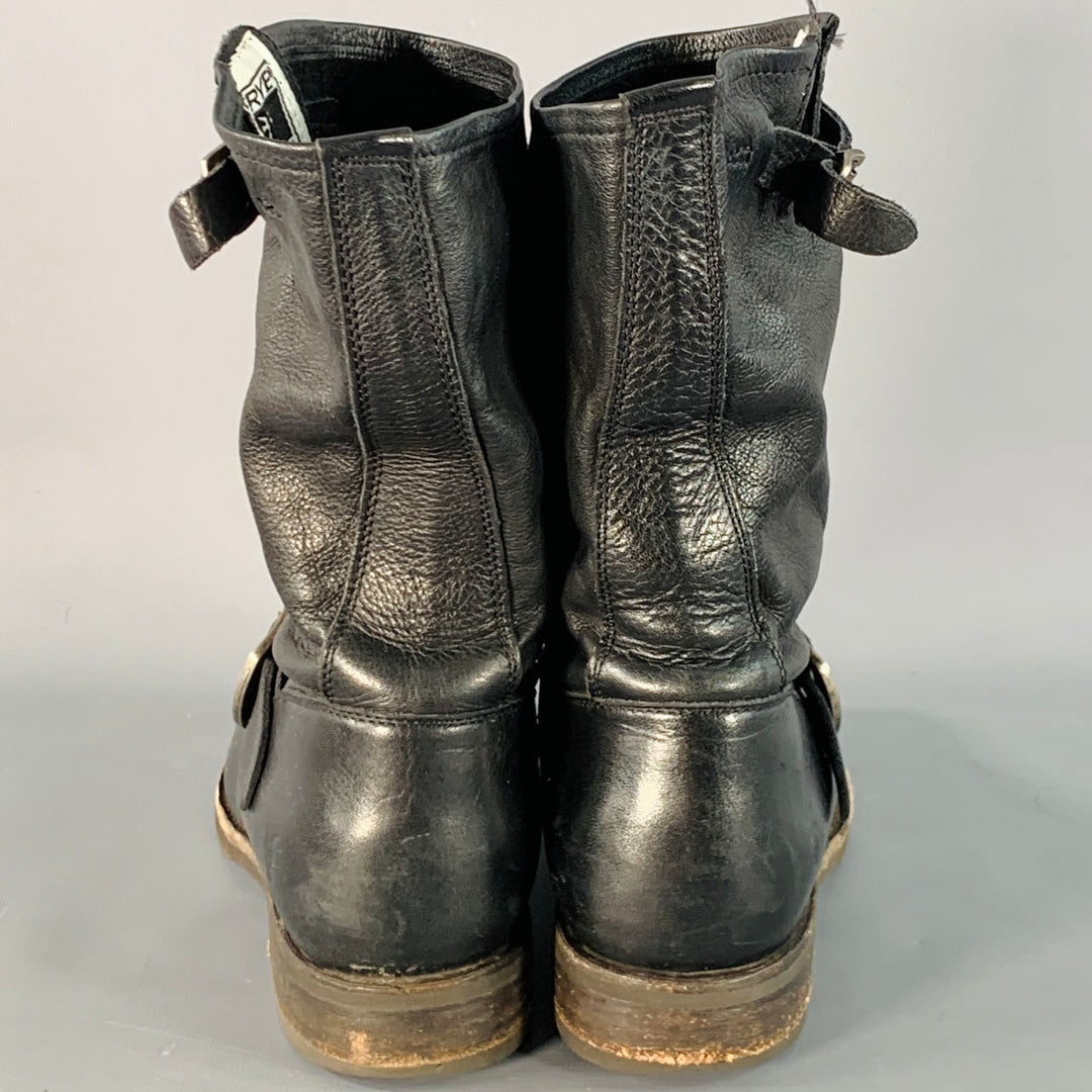 FRYE Size 10 Black Leather Calf High Pull On Belted Boots