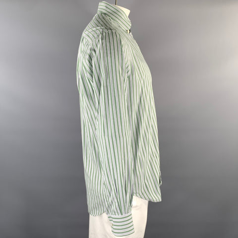 LORO PIANA Size XL White Green Blue Stripe Cotton Long Sleeve Shirt