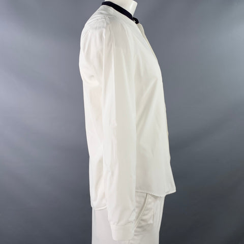 SANDRO Size L White Black Cotton Collarless Contrast Trim Long Sleeve Shirt