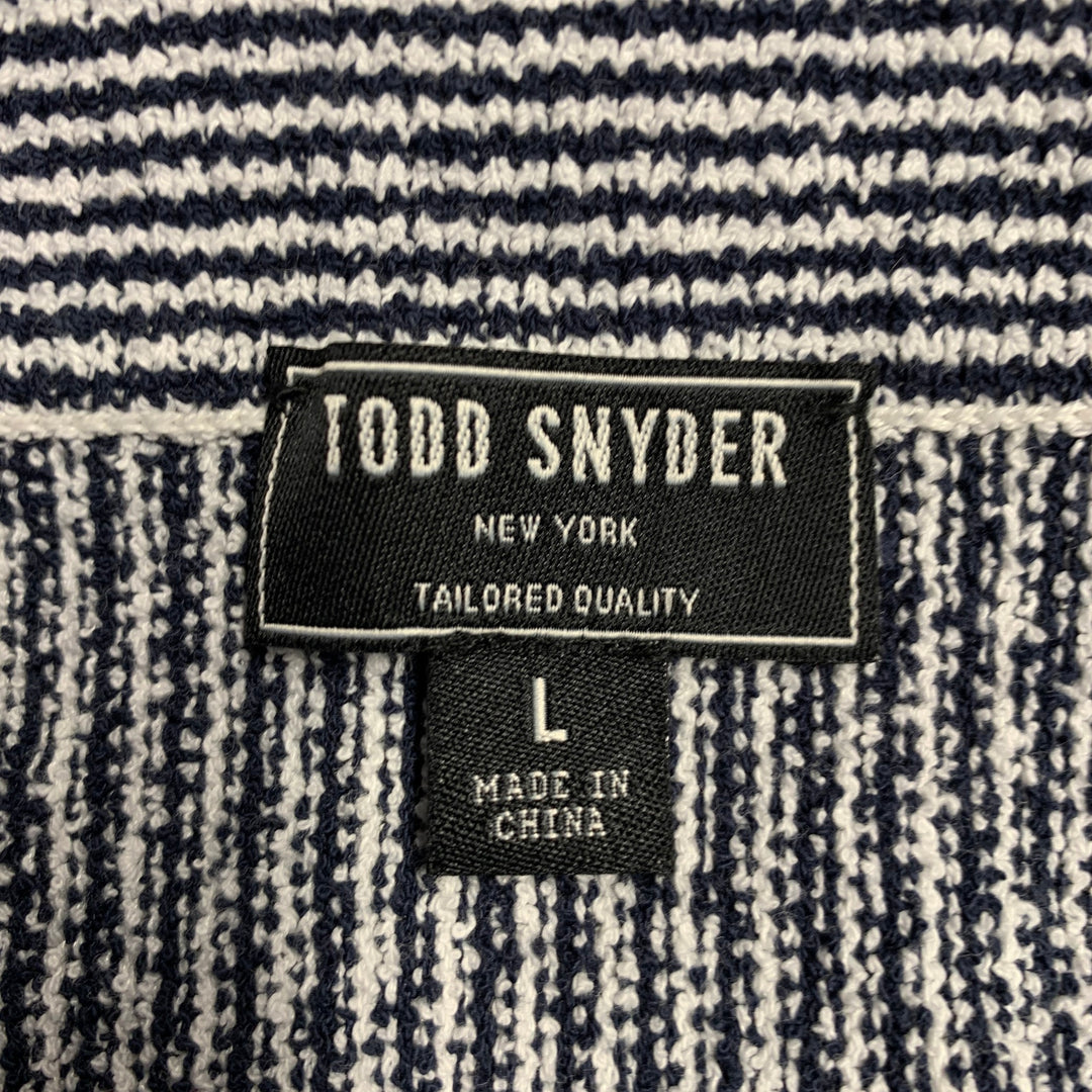 TODD SNYDER Size L Black White Stripe Cotton Blend Open Collar Polo
