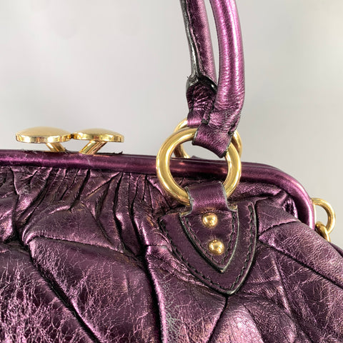 MARC JACOBS Purple Metallic Quilted Leather Satchel- Top Handles  Handbag