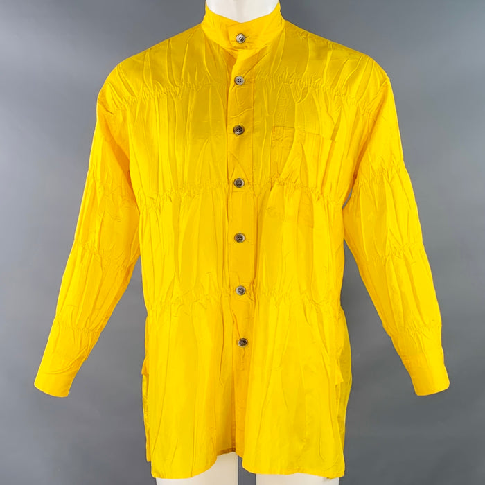 ISSEY MIYAKE Size XS Yellow Wrinkled Polyester Nehru Collar Oversized Long Sleeve Shirt