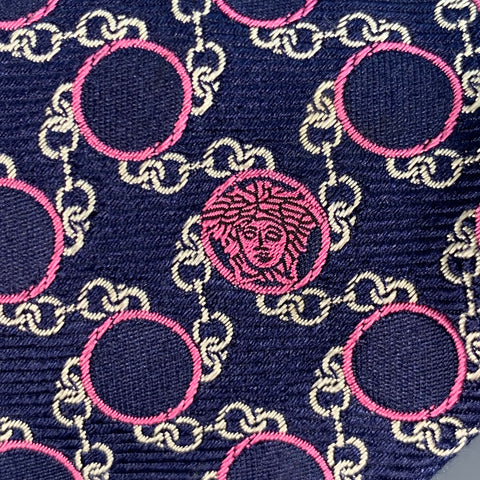 VERSACE Navy Pink Chain Link Circles Jacquard Silk Tie