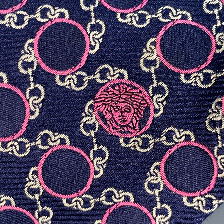 VERSACE Navy Pink Chain Link Circles Jacquard Silk Tie