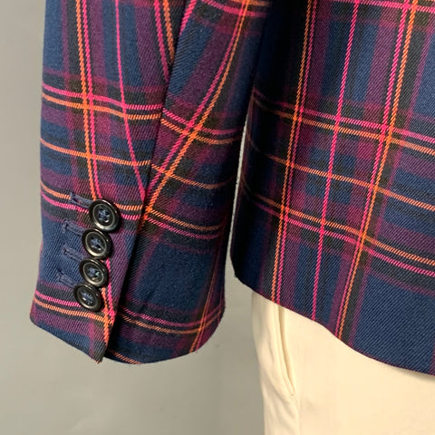 MR TURK Size 42 Navy Orange Pink Plaid Polyester Blend Sport Coat