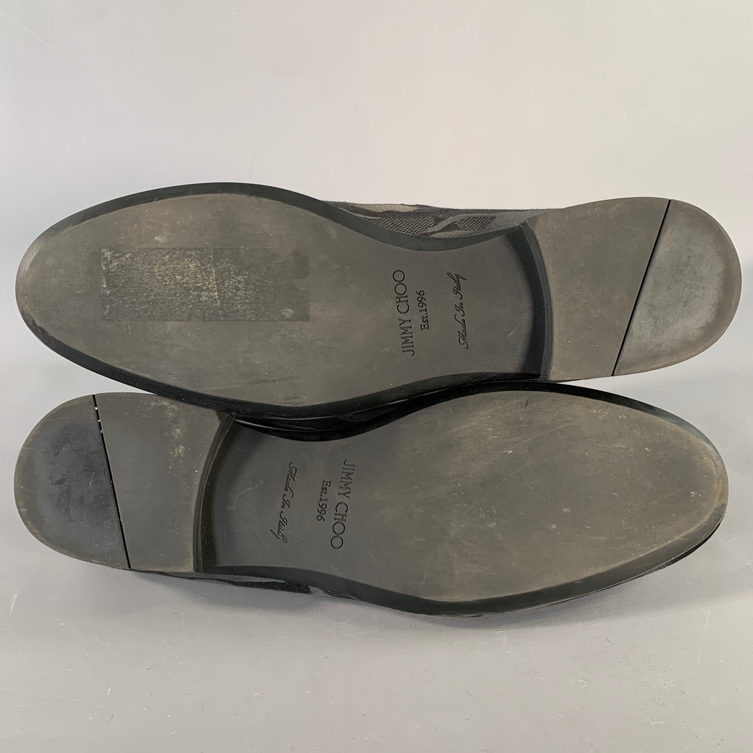 JIMMY CHOO Size 8 Black Grey Camouflage Figures Canvas Slip On Loafers