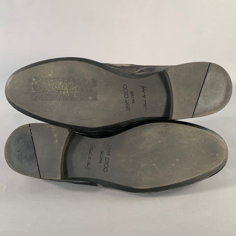 JIMMY CHOO Size 8 Black Grey Camouflage Figures Canvas Slip On Loafers