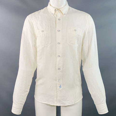 JOHNNIE-O Size M Cream Linen Blend Button Down Collar Two Pockets Long Sleeve Shirt