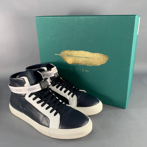 BUSCEMI Size 11 100MM Navy White Two Toned Leather High Top Sneakers