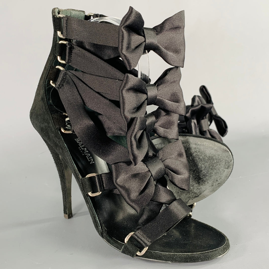 BALMAIN Size 8 Black Suede Bow Strappy Bow Sandals