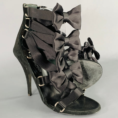 BALMAIN Size 8 Black Suede Bow Strappy Bow Sandals