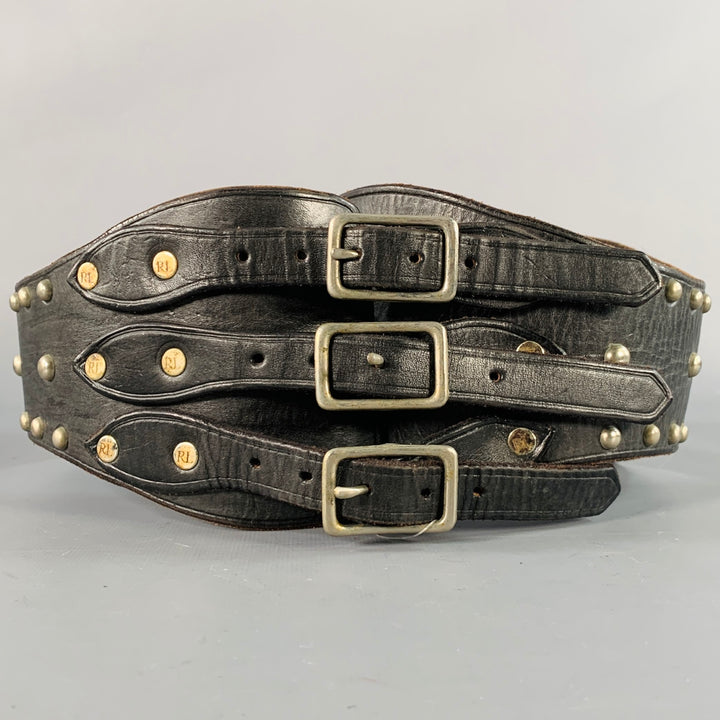 RALPH LAUREN Size S Brown Silver Studded High Waisted Leather Metal 3 Buckle Belt