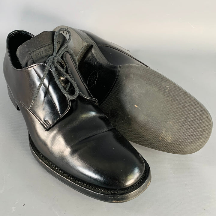PRADA Size 10 Black Leather Nylon Derby Lace-Up Shoes