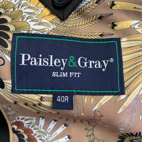 PAISLEY & GRAY Size 40 Regular Black Tan Floral Polyester Jacquard Slim Fit Suit