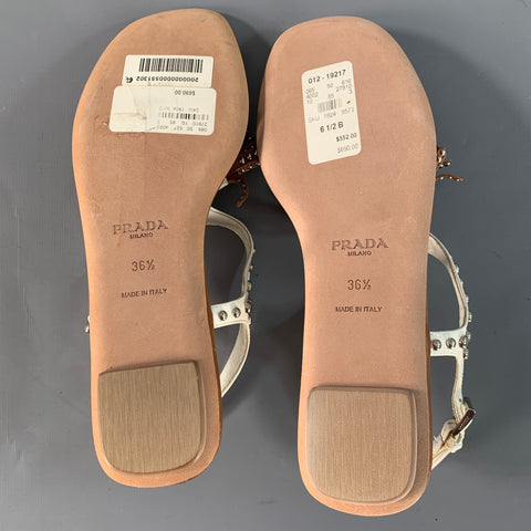 PRADA Size 6.5 Brown White Leather Studded Thong Sandals