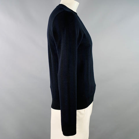 SANDRO Size L Navy Black Stripe Merino Wool Crew Neck Pullover