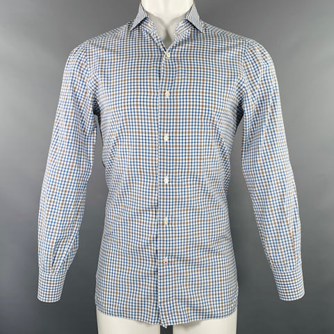 ISAIA Size M Blue White Brown Plaid Cotton Spread Collar Long Sleeve Shirt