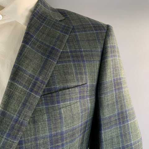 SAMUELSOHN Chest Size 42 Green Blue Plaid Wool Silk & Linen Sport Coat
