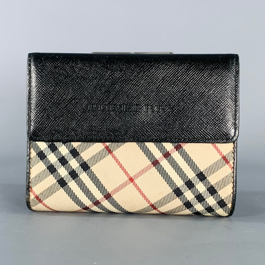BURBERRY Beige Black Plaid Saffiano Leather Nylon Wallet