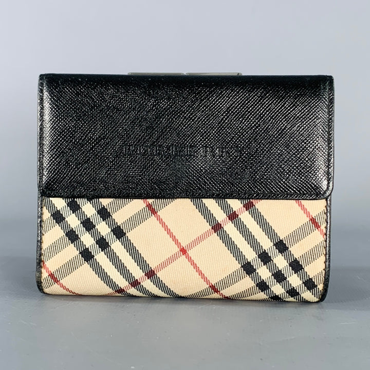 BURBERRY Beige Black Plaid Saffiano Leather Nylon Wallet