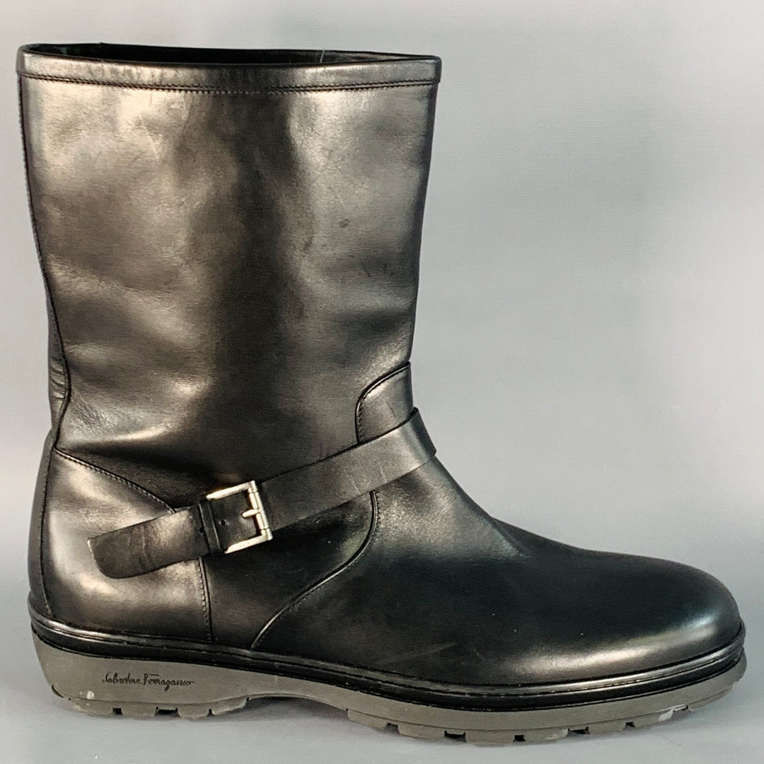 SALVATORE FERRAGAMO Size 12 Black Leather Rubber Sole Engineer Boots