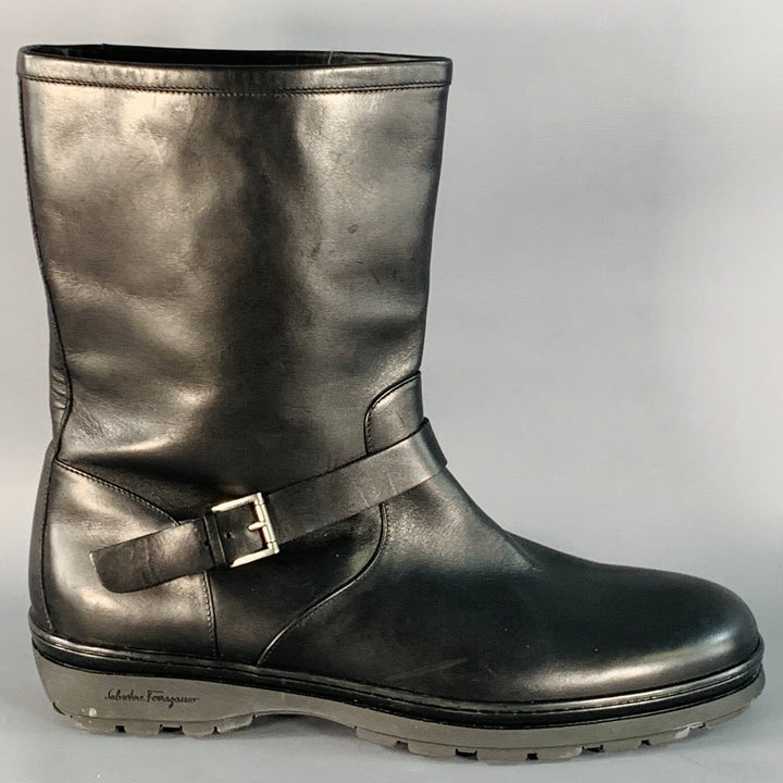 SALVATORE FERRAGAMO Size 12 Black Leather Rubber Sole Engineer Boots