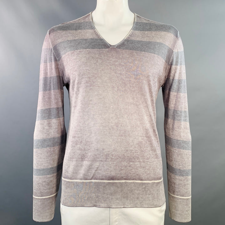 JOHN VARVATOS Size L Grey Purple Stripe Silk Cashmere V-Neck Pullover