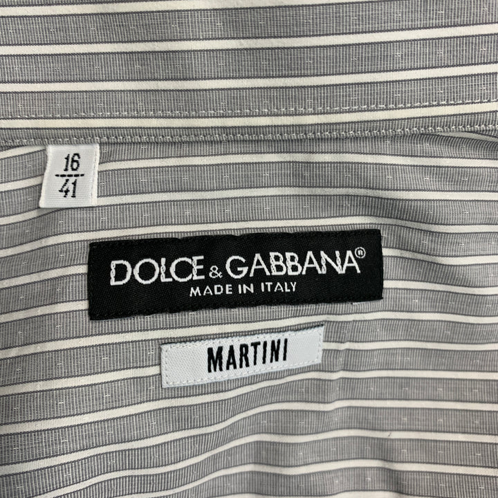 DOLCE &amp; GABBANA Camisa de manga larga con botones de algodón a rayas blancas y grises talla M