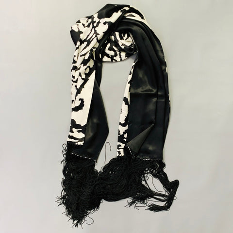 GIORGIO ARMANI Black White Print Silk Fringe Scarf Shawl