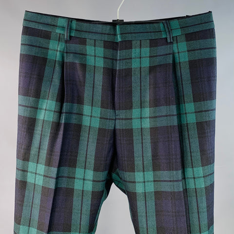 VALENTINO Size 32 Navy Green Plaid Wool Pleated Tapered Dress Pants