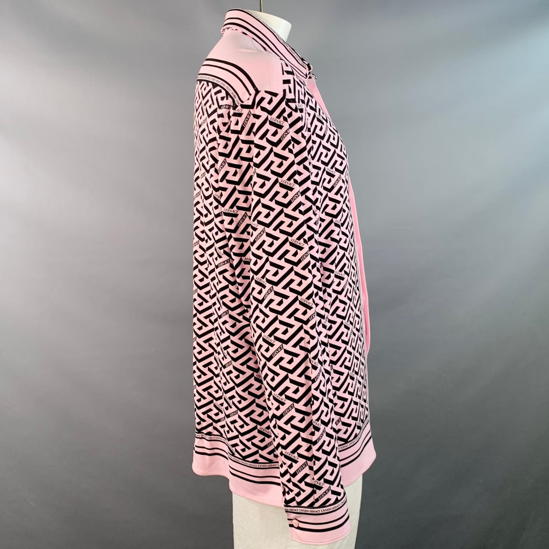 VERSACE Size 48 Pink Black Greca Viscose Point Collar Heritage Fit Long Sleeve Shirt