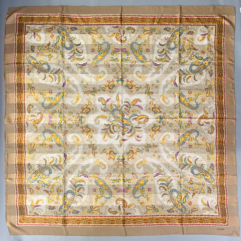 GALITZINE Vintage Tan Multi Color Metallic Paisley Silk Square Scarf Shawl