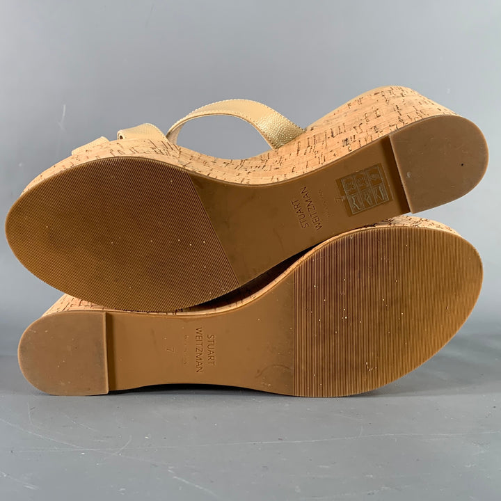 STUART WEITZMAN Size 7 Beige Textured Cork Platform Wedge Sandals