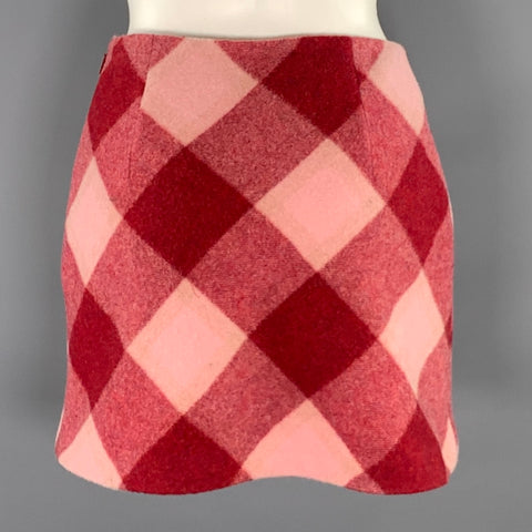 PINKO Size S Pink Burgundy Wool Blend Plaid High Waisted Mini Skirt