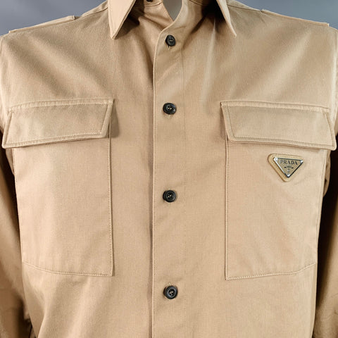 PRADA Size L Khaki Cotton Blend Two Pockets Shirt Jacket
