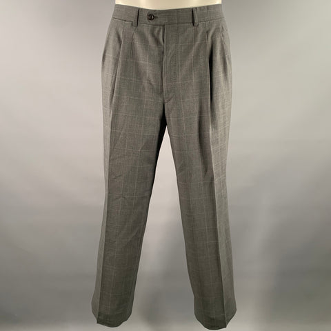 ERMENEGILDO ZEGNA Size 46 Grey Window Pane Wool Notch Lapel Suit