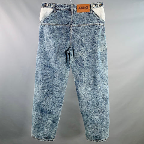 ANIKI Size L Indigo White Embroidery Cotton Wide Leg Straight Zip Fly Jeans