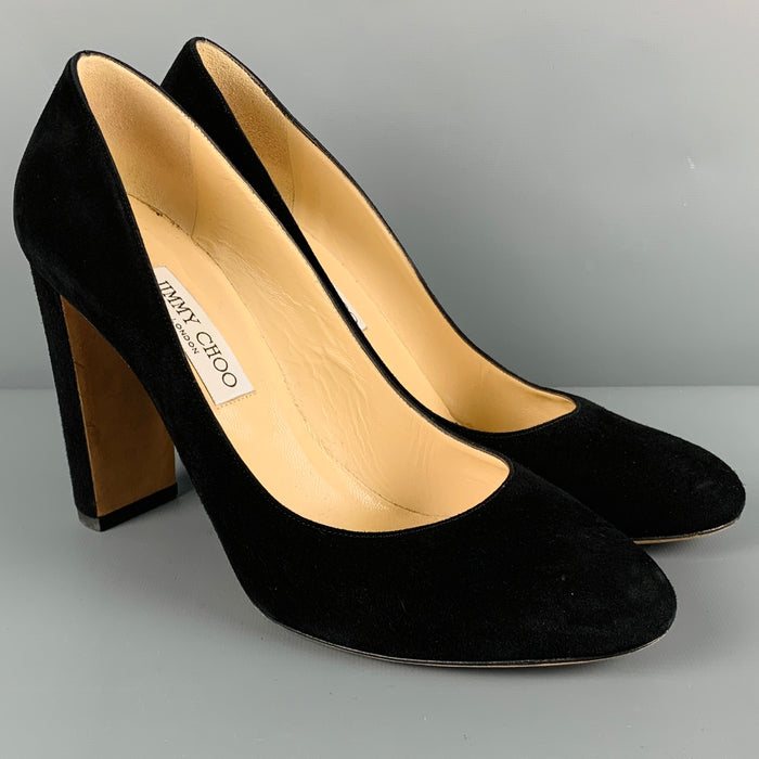 JIMMY CHOO Size 11.5 Black Suede Chunky Heel Pumps