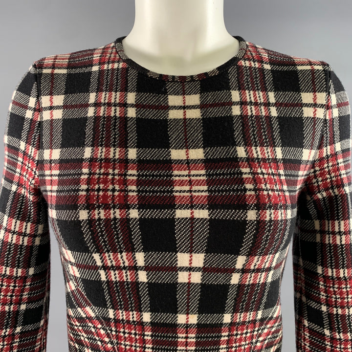 ALEXANDER MCQUEEN Size S Black Red Wool Plaid 3/4 Sleeves Knee-Length Dress
