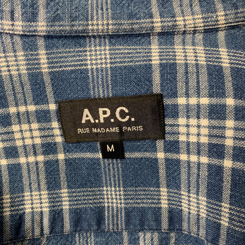 APC Size M Blue White Plaid Cotton Linen Button Up Long Sleeve Shirt