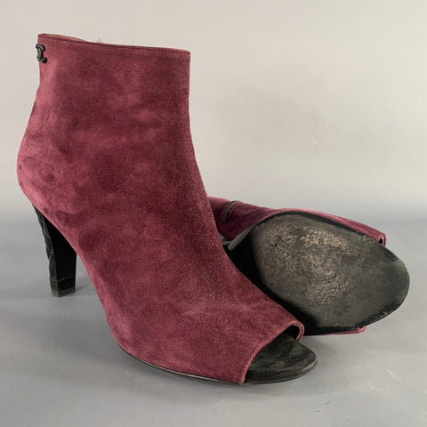 CHANEL Size 8.5 Burgundy Suede Peep Toe Side Zipper Ankle Boots