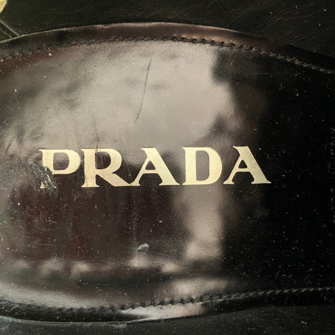 PRADA Size 10 Black Silver Studded Leather Cap Toe Lace Up Shoes