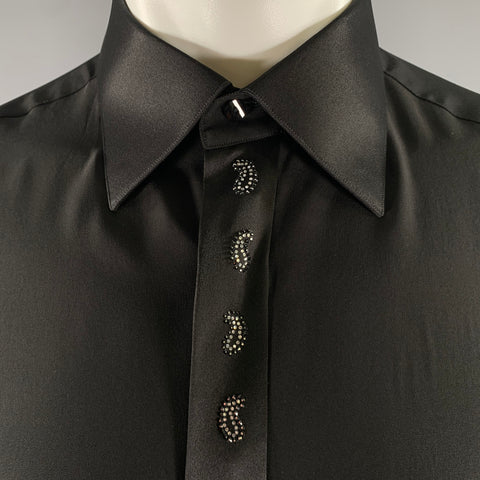STEFANO RICCI Size XL Black Silk Hidden Placket Long Sleeve Shirt