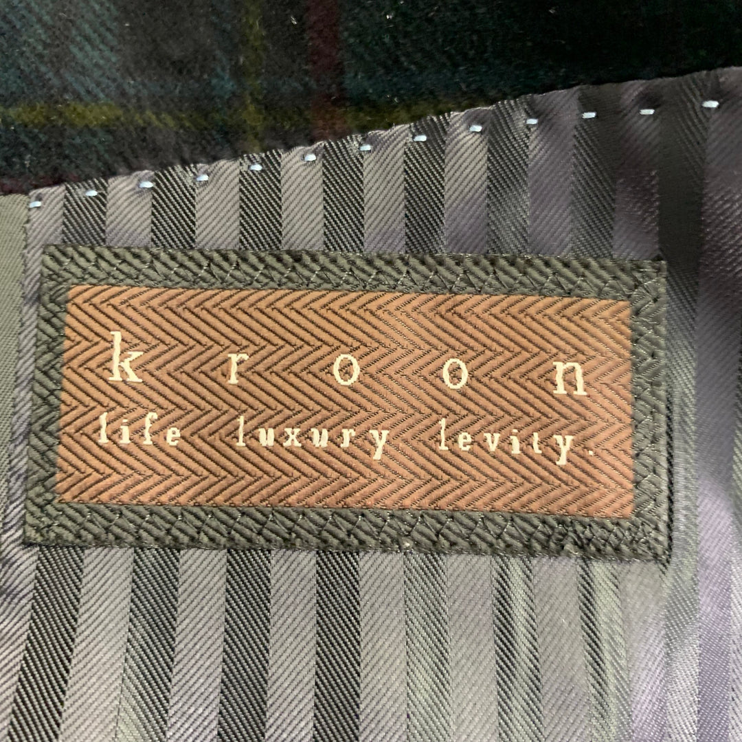 KROON Size 42 Long Green Red Plaid Cotton Velvet Peak Lapel Sport Coat