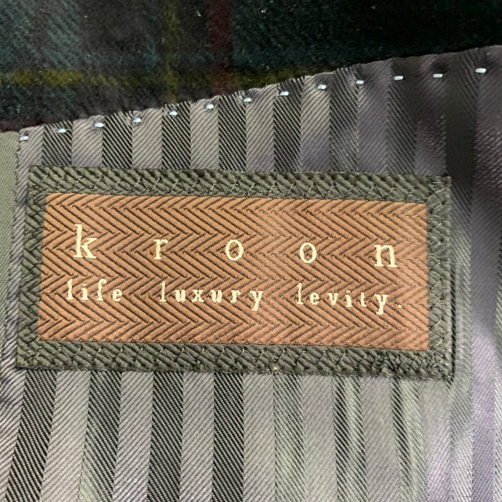 KROON Size 42 Long Green Red Plaid Cotton Velvet Peak Lapel Sport Coat