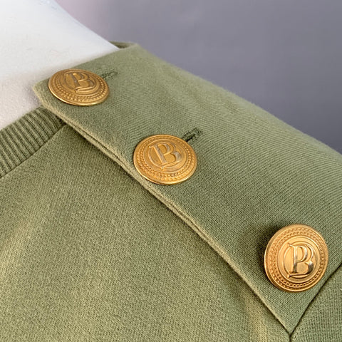 BALMAIN Taille L Vert Sauge Mélange Coton Jersey Logo Col Rond Pull