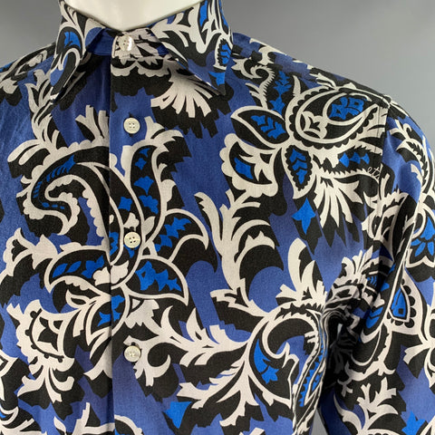 ETRO Size M Blue Black White Abstract Floral Cotton Blend Long Sleeve Shirt