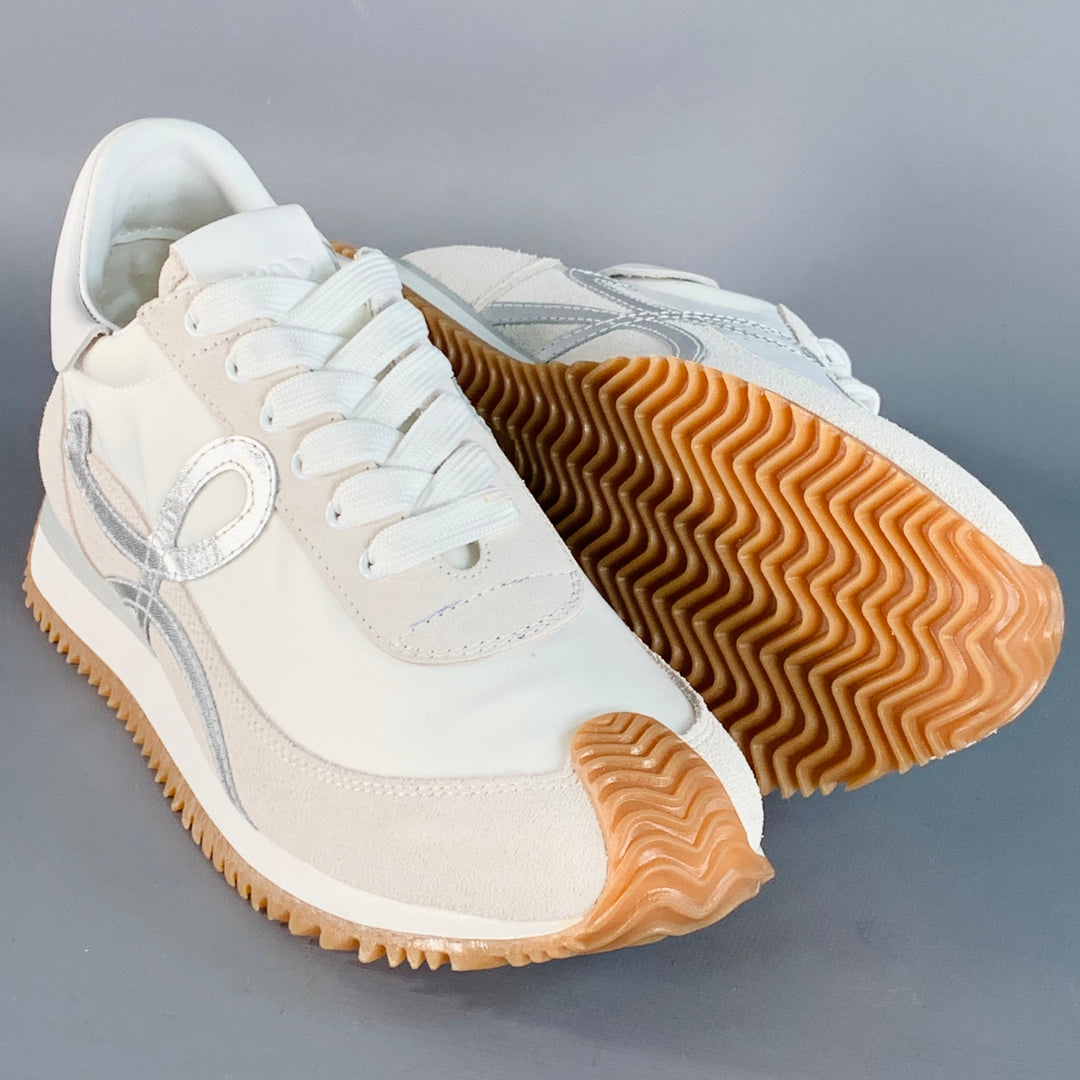 LOEWE Size 9 White Metallic Silver Nylon Suede Logo Sneakers